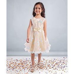 Babyhug Sleeveless Party Wear Mesh Frock With Sequin Embroidery & Bow Applique- Ivory