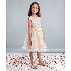 Babyhug Sleeveless Party Wear Mesh Frock With Sequin Embroidery & Bow Applique- Ivory