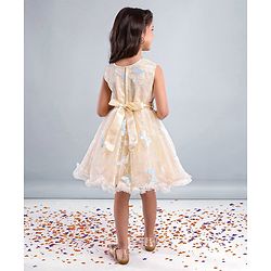Babyhug Sleeveless Party Wear Mesh Frock With Sequin Embroidery & Bow Applique- Ivory