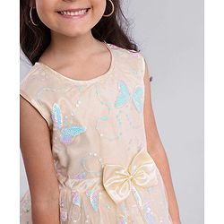 Babyhug Sleeveless Party Wear Mesh Frock With Sequin Embroidery & Bow Applique- Ivory
