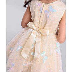 Babyhug Sleeveless Party Wear Mesh Frock With Sequin Embroidery & Bow Applique- Ivory