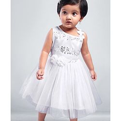 Babyhug Sleeveless Sequins Party Frock - White