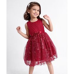 Babyhug Sleeveless Party Wear Frock Embroidered - Red