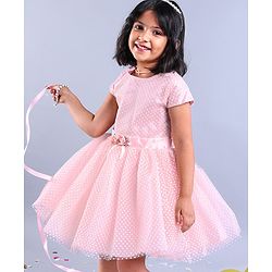 Babyhug Party Wear Cap Sleeves Frock Floral Appliques - Light Pink