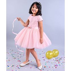 Babyhug Party Wear Cap Sleeves Frock Floral Appliques - Light Pink