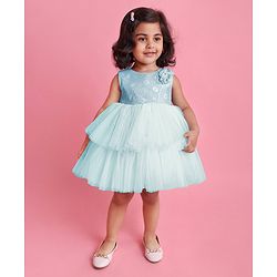 Babyhug Party Wear Sleeveless Frock Floral Appliques - Light Blue