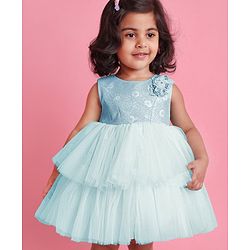 Babyhug Party Wear Sleeveless Frock Floral Appliques - Light Blue