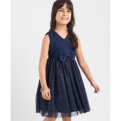 Babyhug Sleeveless Party Dress With Foil Print & Bow Corsage - Navy Blue
