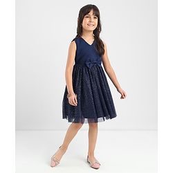 Babyhug Sleeveless Party Dress With Foil Print & Bow Corsage - Navy Blue