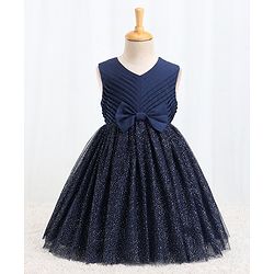 Babyhug Sleeveless Party Dress With Foil Print & Bow Corsage - Navy Blue
