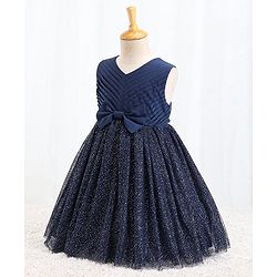 Babyhug Sleeveless Party Dress With Foil Print & Bow Corsage - Navy Blue