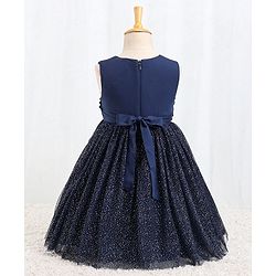 Babyhug Sleeveless Party Dress With Foil Print & Bow Corsage - Navy Blue