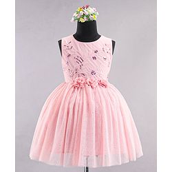Babyhug Sleeveless Party Wear Frock With Sequinned & Floral Applique- Pink