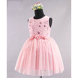Babyhug Sleeveless Party Wear Frock With Sequinned & Floral Applique- Pink