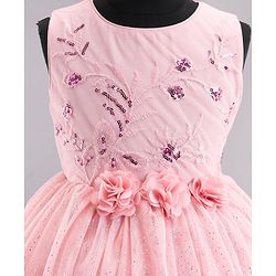 Babyhug Sleeveless Party Wear Frock With Sequinned & Floral Applique- Pink