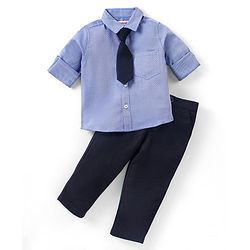 Babyhug Full Sleeves Shirt & Trouser With Tie Checked - Navy Black