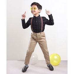 Babyhug Full Sleeves Printed Shirt & Trousers With Suspenders- Black Beige