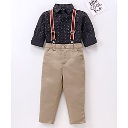 Babyhug Full Sleeves Printed Shirt & Trousers With Suspenders- Black Beige