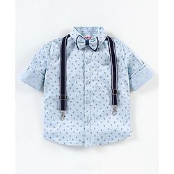 Babyhug Full Sleeves printed Party Shirt With Bow & Suspender - Blue