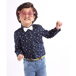 Babyhug Cotton Woven Full Sleeves Shirt with Bow All Over Print - Navy and Black