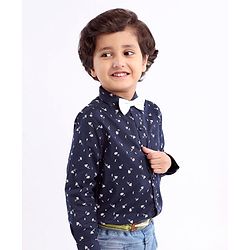 Babyhug Cotton Woven Full Sleeves Shirt with Bow All Over Print - Navy and Black