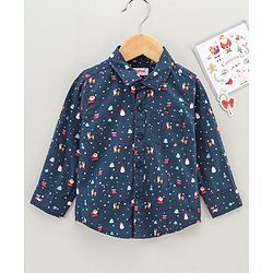 Babyhug Cotton Woven Full Sleeves Christmas Theme Printed Shirt - Navy