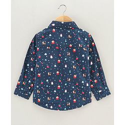 Babyhug Cotton Woven Full Sleeves Christmas Theme Printed Shirt - Navy