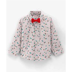Babyhug Cotton Woven Full Sleeves Shirt with Bow Christmas Print - Blue and White