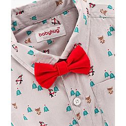 Babyhug Cotton Woven Full Sleeves Shirt with Bow Christmas Print - Blue and White