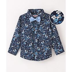 Babyhug Cotton Full Sleeves Party Wear Shirt with Bow Floral Print - Navy Blue