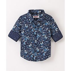 Babyhug Cotton Full Sleeves Party Wear Shirt with Bow Floral Print - Navy Blue