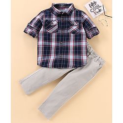 Babyhug Full Sleeves Shirt and Trousers Check Pattern - Grey