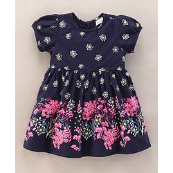 Babyhug Half Sleeves 100% Cotton Short Sleeves Woven Frock Floral Print - Navy Blue