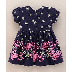 Babyhug Half Sleeves 100% Cotton Short Sleeves Woven Frock Floral Print - Navy Blue