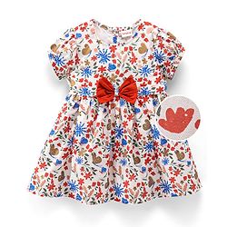 Babyhug 100% Cotton Puff Sleeves Woven Frock With Bow Applique Floral Print - White