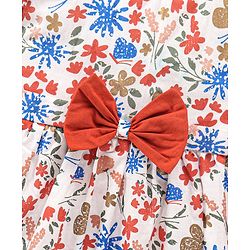 Babyhug 100% Cotton Puff Sleeves Woven Frock With Bow Applique Floral Print - White