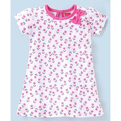 Babyhug 100%Cotton Short Sleeves Frock Floral Print - White Pink