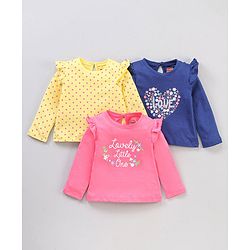 Babyhug 100% Cotton Full Sleeves Top with Graphics & Frill Detailing Pack Of 3 - Multicolor