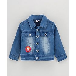 Babyhug Full Sleeves Washed Denim Jacket With Patch Work - Medium Blue
