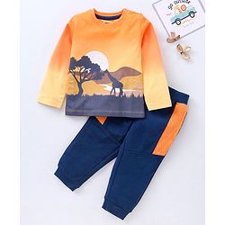 Babyhug Cotton Knit Full Sleeves Sweatshirt & Lounge Pant Set Scenery Print - Orange Blue