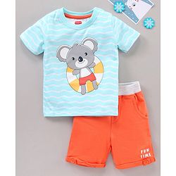 Babyhug Cotton Knit to Knit Half Sleeves Koala Bear Printed Tee & Shorts Set - Light Blue