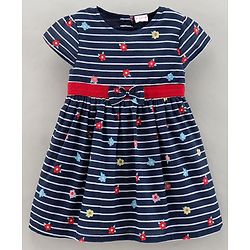Babyhug 100% Cotton Short Sleeves Striped Frock Floral Print - Navy Blue