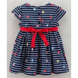 Babyhug 100% Cotton Short Sleeves Striped Frock Floral Print - Navy Blue