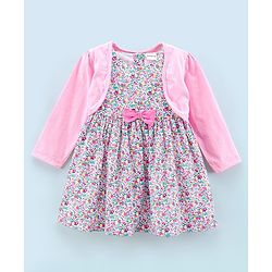 Babyhug 100% Cotton Frock With Full Sleeves Shrug Floral Print - White