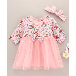 Babyhug 100% Cotton Three Fourth Mesh Frock with Bow and Headband Deer Print - Pink