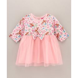 Babyhug 100% Cotton Three Fourth Mesh Frock with Bow and Headband Deer Print - Pink