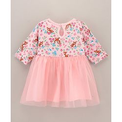 Babyhug 100% Cotton Three Fourth Mesh Frock with Bow and Headband Deer Print - Pink