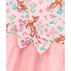 Babyhug 100% Cotton Three Fourth Mesh Frock with Bow and Headband Deer Print - Pink