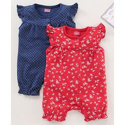 Babyhug 100% Cotton Cap Sleeves Romper Floral & Dot Print Print Pack of 2 - Blue Red