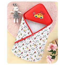 Babyhug 100% Cotton Hooded  Wrapper Car Print - Red & White
